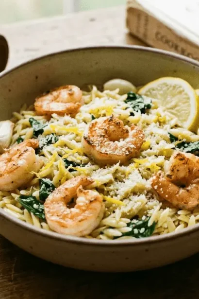 Lemon Garlic Shrimp Orzo served on a dark plate with lemon wedges and green garnish