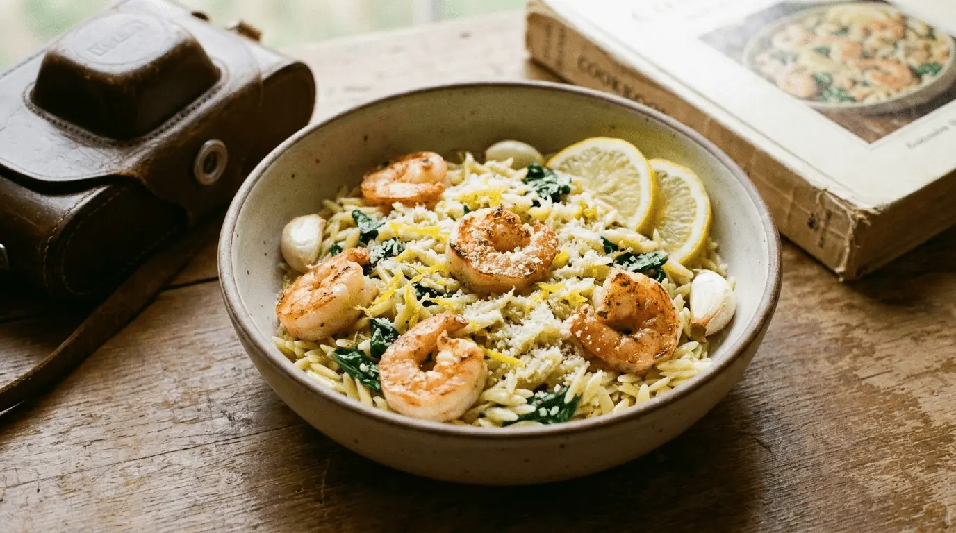 Lemon Garlic Shrimp Orzo served on a dark plate with lemon wedges and green garnish