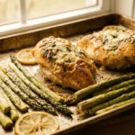 Roasted asparagus with chicken on a white plate with sides