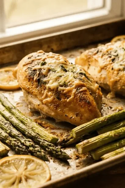 Roasted asparagus with chicken on a white plate with sides