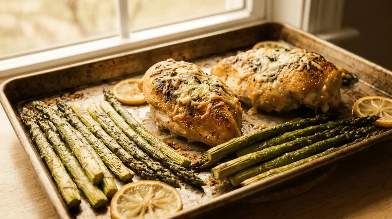 Roasted asparagus with chicken on a white plate with sides