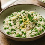 Creamy Spring Pea Risotto served in a white bowl