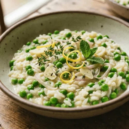 Creamy Spring Pea Risotto served in a white bowl