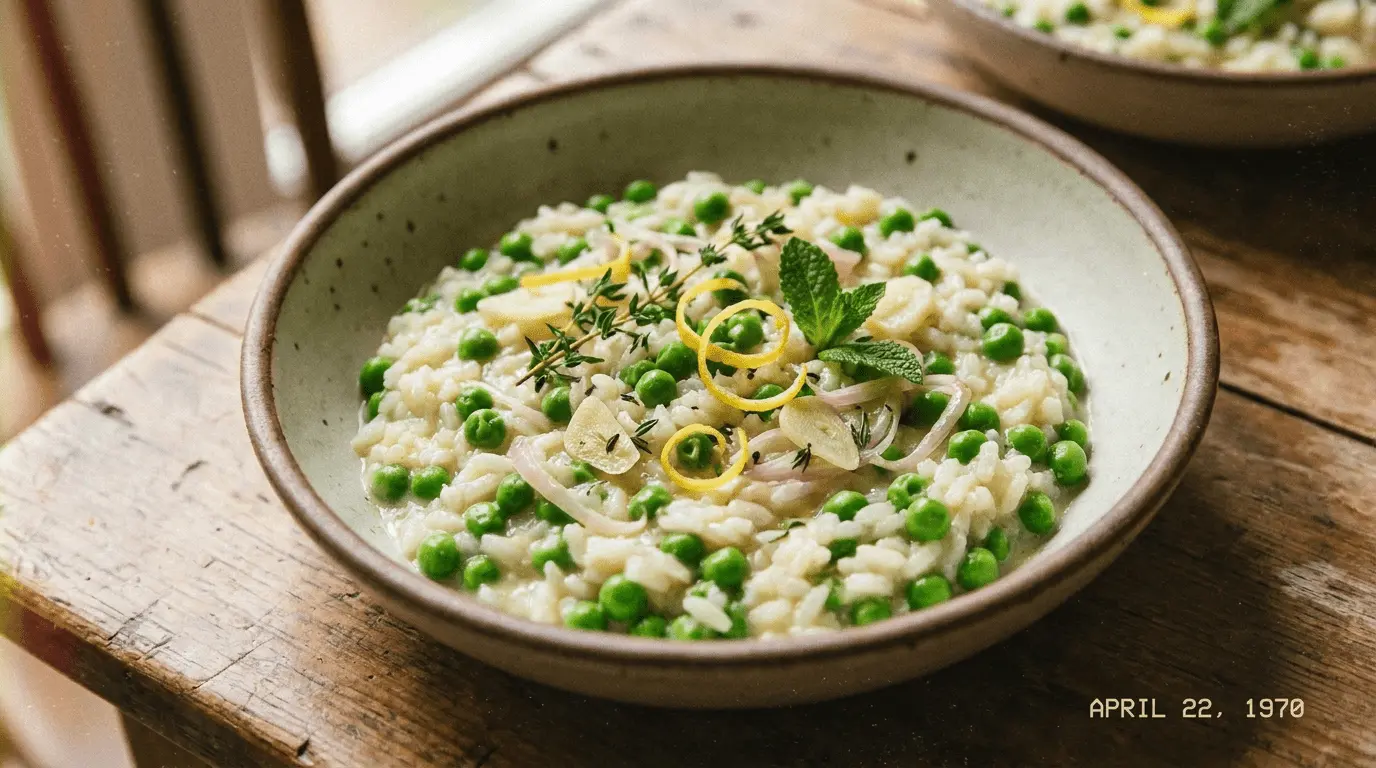 Creamy Spring Pea Risotto served in a white bowl