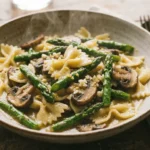Plate of asparagus and mushroom pasta garnished with herbs