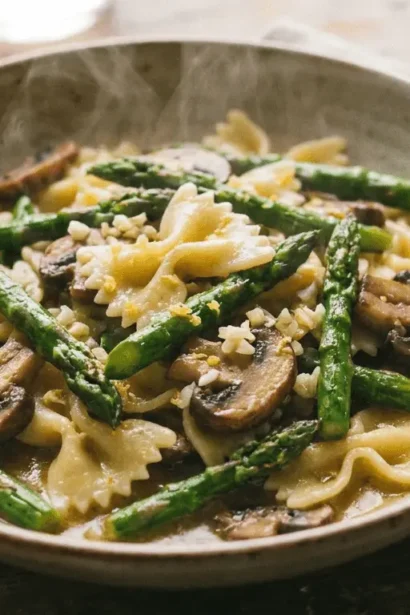 Plate of asparagus and mushroom pasta garnished with herbs