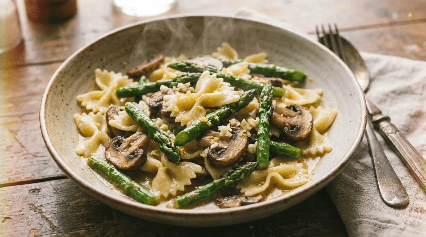 Plate of asparagus and mushroom pasta garnished with herbs