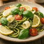 Zucchini noodles topped with pesto sauce and cherry tomatoes in a white bowl