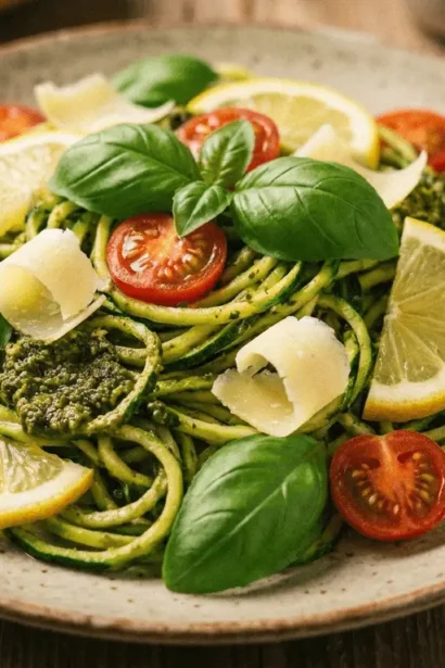 Zucchini noodles topped with pesto sauce and cherry tomatoes in a white bowl