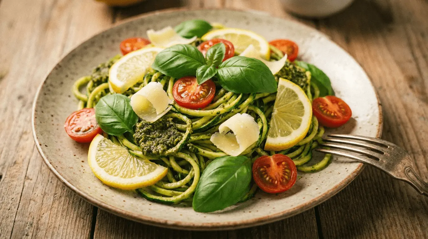 Zucchini noodles topped with pesto sauce and cherry tomatoes in a white bowl
