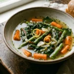 Bowl of fresh Spring Vegetable Soup with assorted vegetables