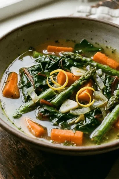 Bowl of fresh Spring Vegetable Soup with assorted vegetables