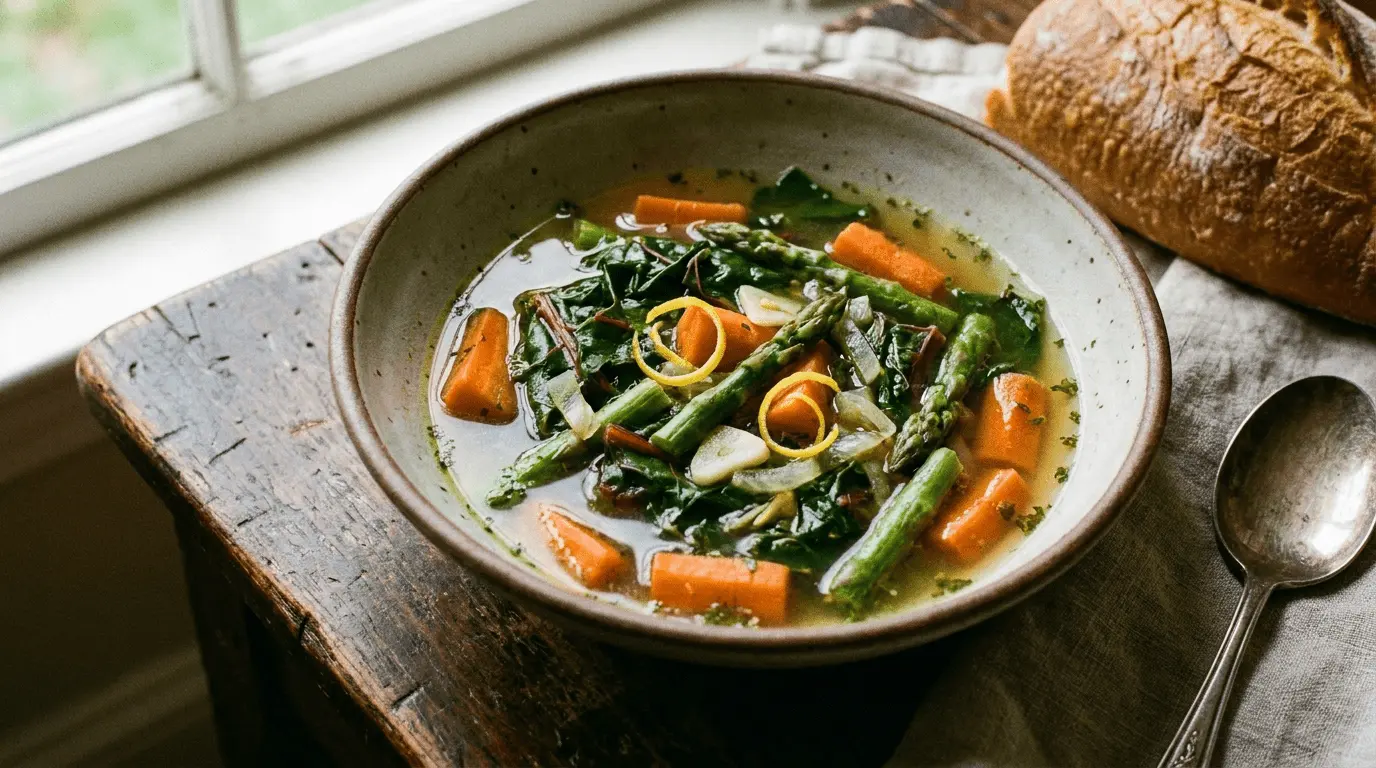 Bowl of fresh Spring Vegetable Soup with assorted vegetables