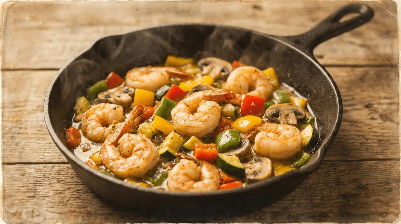 Garlic Butter Shrimp with Veggies served on a plate