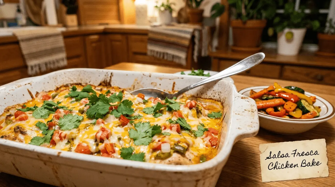 Delicious Salsa Fresca Chicken Bake served on a plate with fresh vegetables.