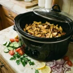 Crockpot Chicken Shawarma dish featuring tender spiced chicken in a bowl.