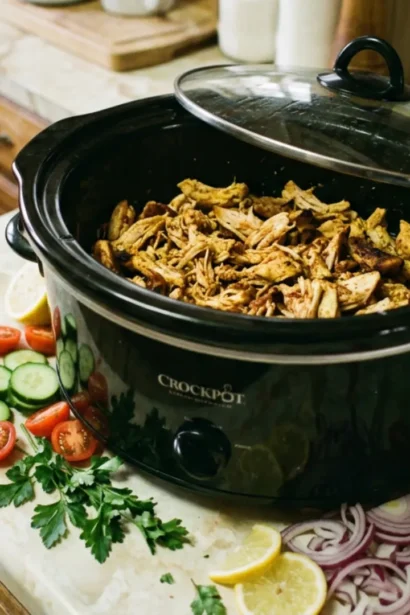 Crockpot Chicken Shawarma dish featuring tender spiced chicken in a bowl.