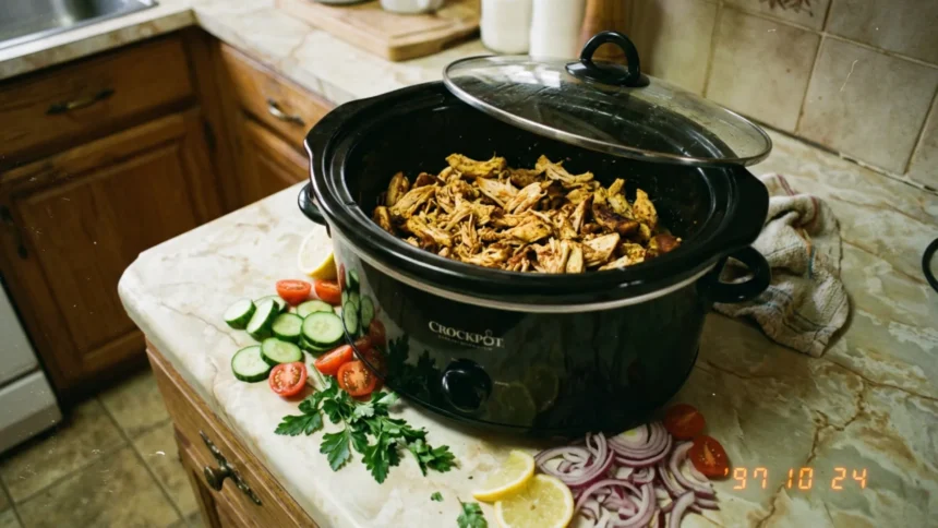 Crockpot Chicken Shawarma dish featuring tender spiced chicken in a bowl.
