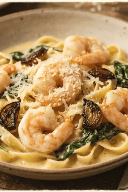 Lemon Butter Shrimp Pasta served in a white bowl with herbs and lemon garnish