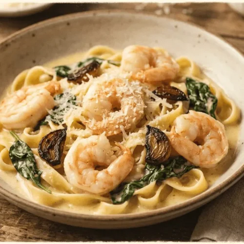 Lemon Butter Shrimp Pasta served in a white bowl with herbs and lemon garnish