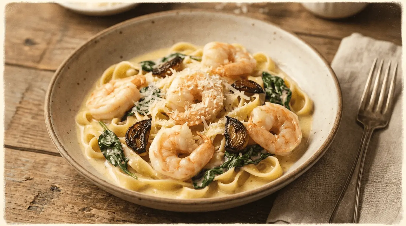 Lemon Butter Shrimp Pasta served in a white bowl with herbs and lemon garnish