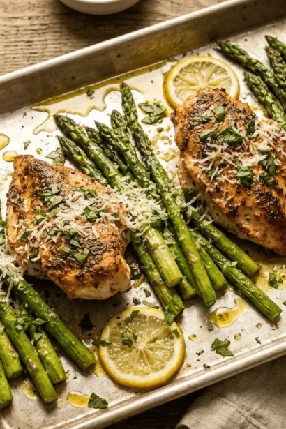 Roasted asparagus with chicken plated dish