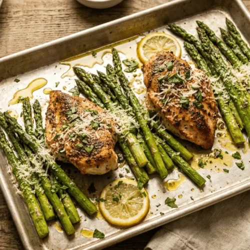 Roasted asparagus with chicken plated dish