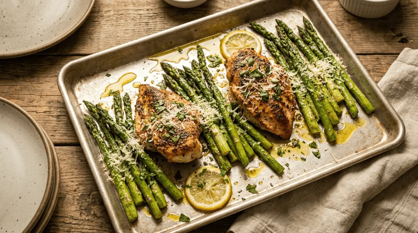 Roasted asparagus with chicken plated dish