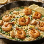 Lemon Garlic Shrimp Orzo served on a white plate with fresh lemon slices and herbs