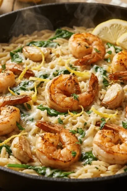Lemon Garlic Shrimp Orzo served on a white plate with fresh lemon slices and herbs