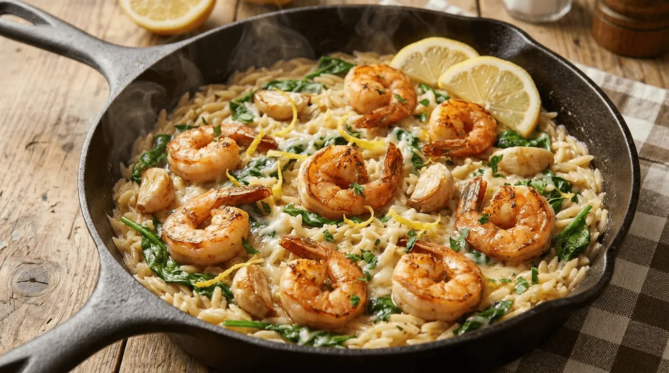 Lemon Garlic Shrimp Orzo served on a white plate with fresh lemon slices and herbs