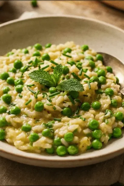 Creamy Spring Pea Risotto in a white bowl garnished with fresh herbs
