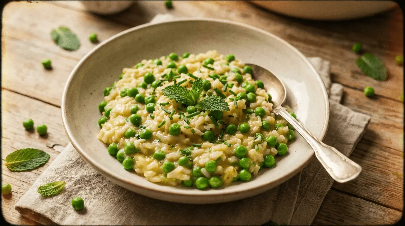 Creamy Spring Pea Risotto in a white bowl garnished with fresh herbs