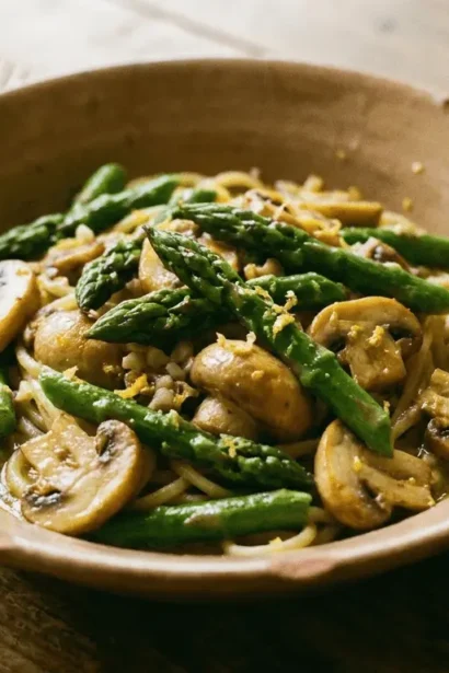 Asparagus and mushroom pasta dish served in a white bowl