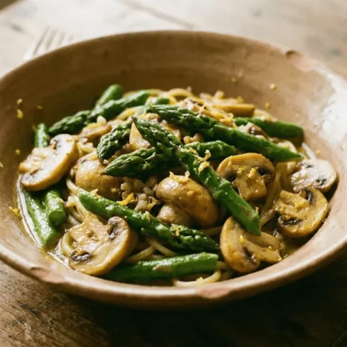 Asparagus and mushroom pasta dish served in a white bowl