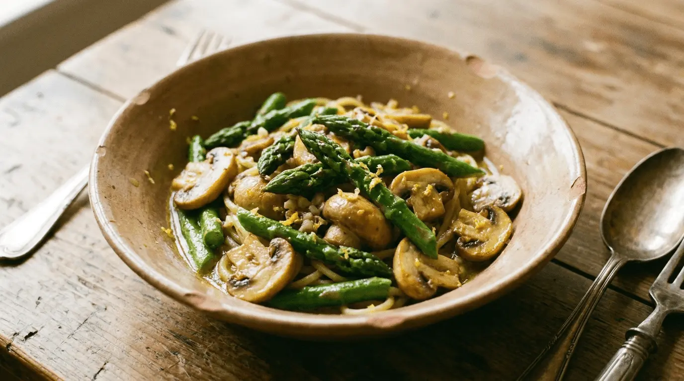 Asparagus and mushroom pasta dish served in a white bowl