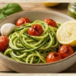 Zucchini noodles topped with green pesto sauce in a white bowl