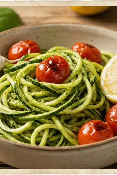 Zucchini noodles topped with green pesto sauce in a white bowl