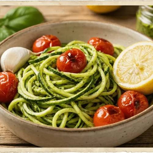 Zucchini noodles topped with green pesto sauce in a white bowl