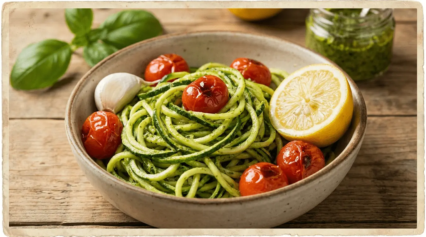 Zucchini noodles topped with green pesto sauce in a white bowl