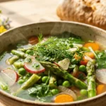 Bowl of vibrant spring vegetable soup with fresh green peas and herbs