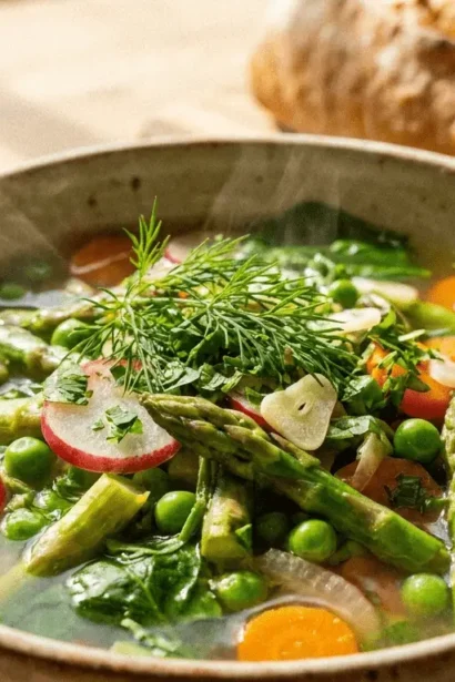 Bowl of vibrant spring vegetable soup with fresh green peas and herbs