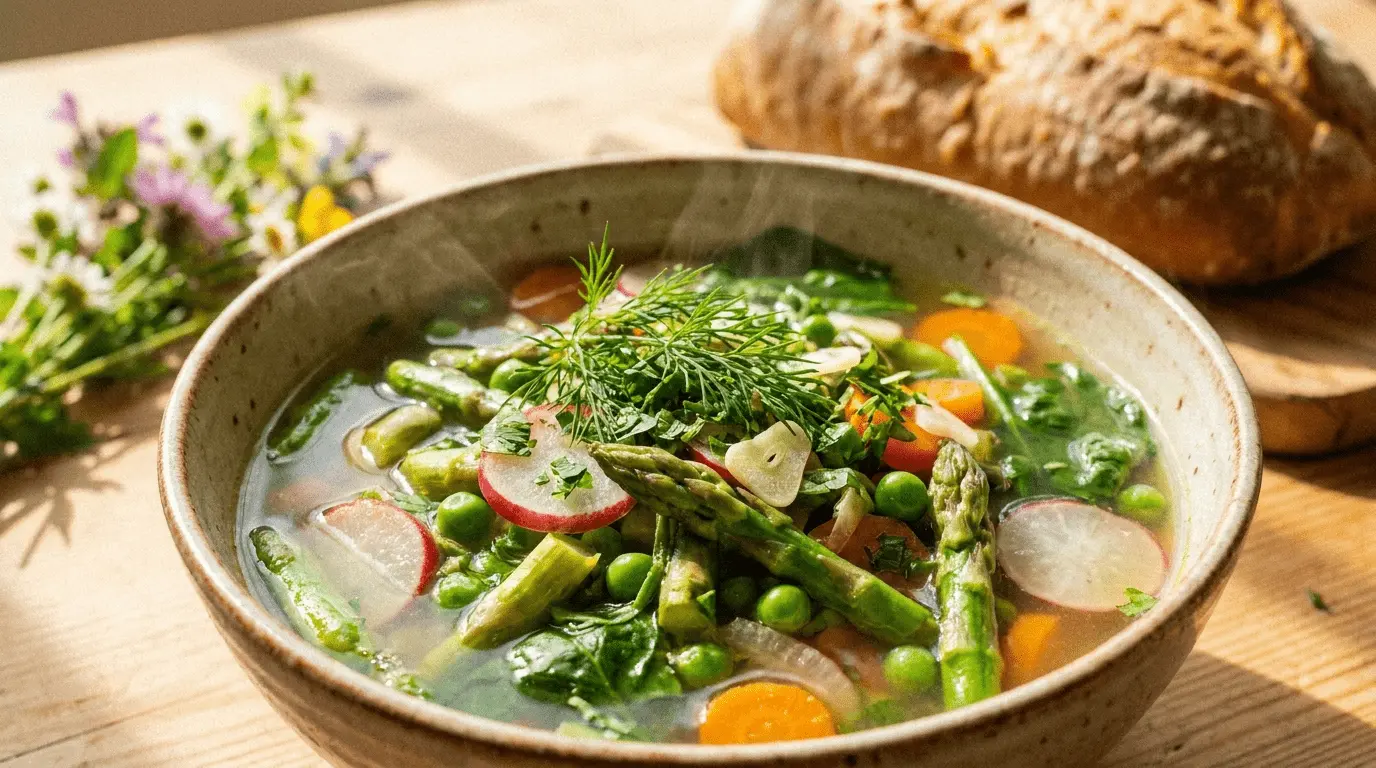 Bowl of vibrant spring vegetable soup with fresh green peas and herbs