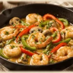 Garlic Butter Shrimp with Veggies served in a black skillet