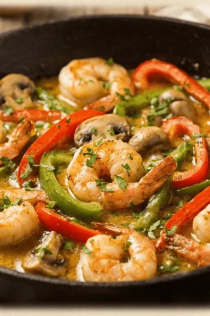 Garlic Butter Shrimp with Veggies served in a black skillet