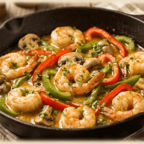 Garlic Butter Shrimp with Veggies served in a black skillet