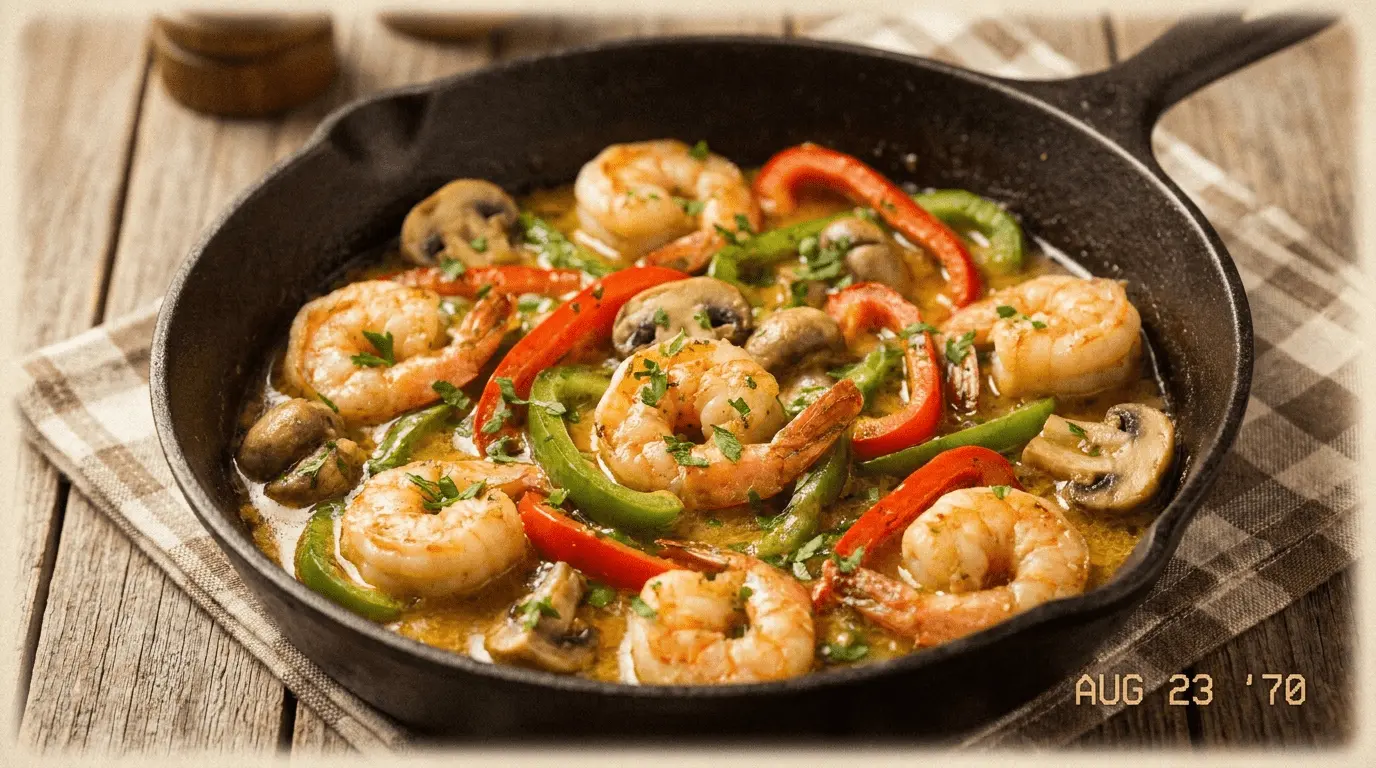 Garlic Butter Shrimp with Veggies served in a black skillet