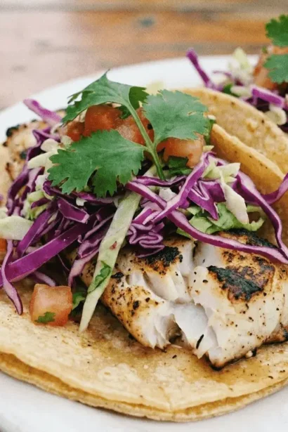 Delicious grilled fish tacos topped with fresh slaw served on a plate