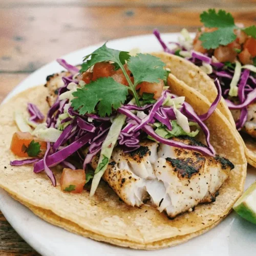Delicious grilled fish tacos topped with fresh slaw served on a plate