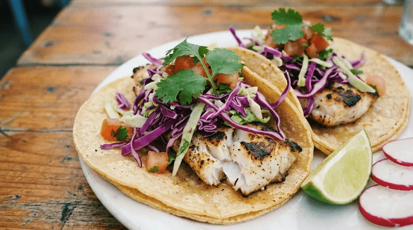 Delicious grilled fish tacos topped with fresh slaw served on a plate